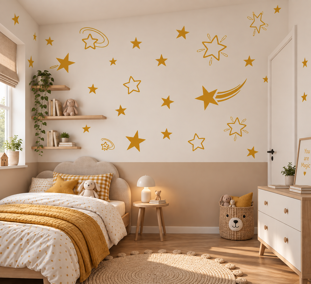 Pink shooting star wall stencil pattern with outlined and solid stars in a soft neutral girls bedroom.