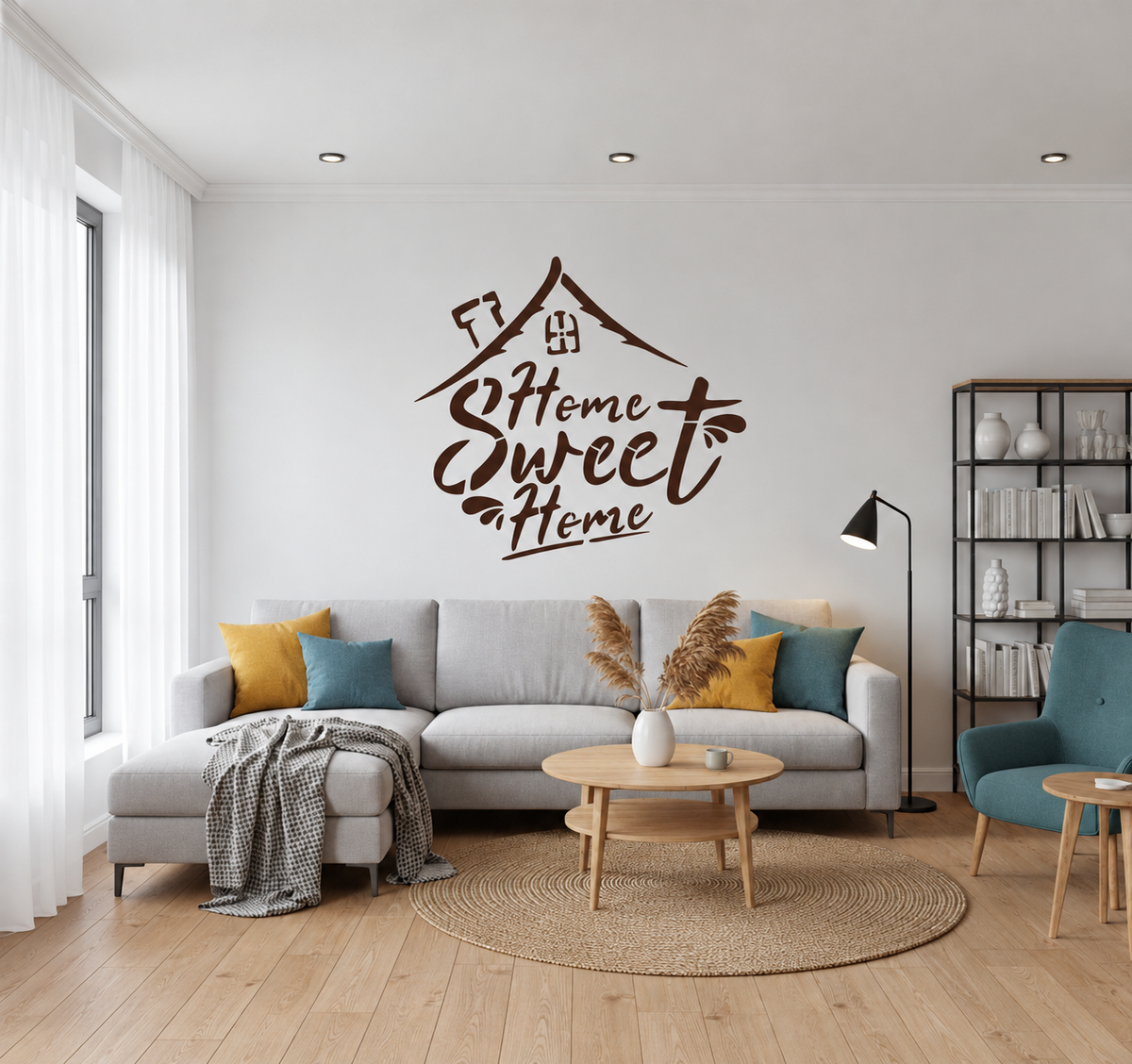 Bright living room with white wall decorated using home sweet home stencil quote, neutral sofa and warm natural accents.