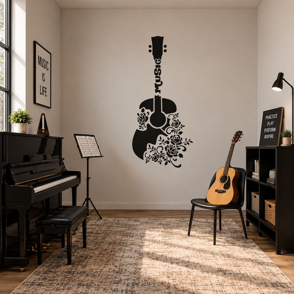 Black acoustic guitar stencil with decorative flowers and music lettering on a white wall in a piano and guitar practice room.