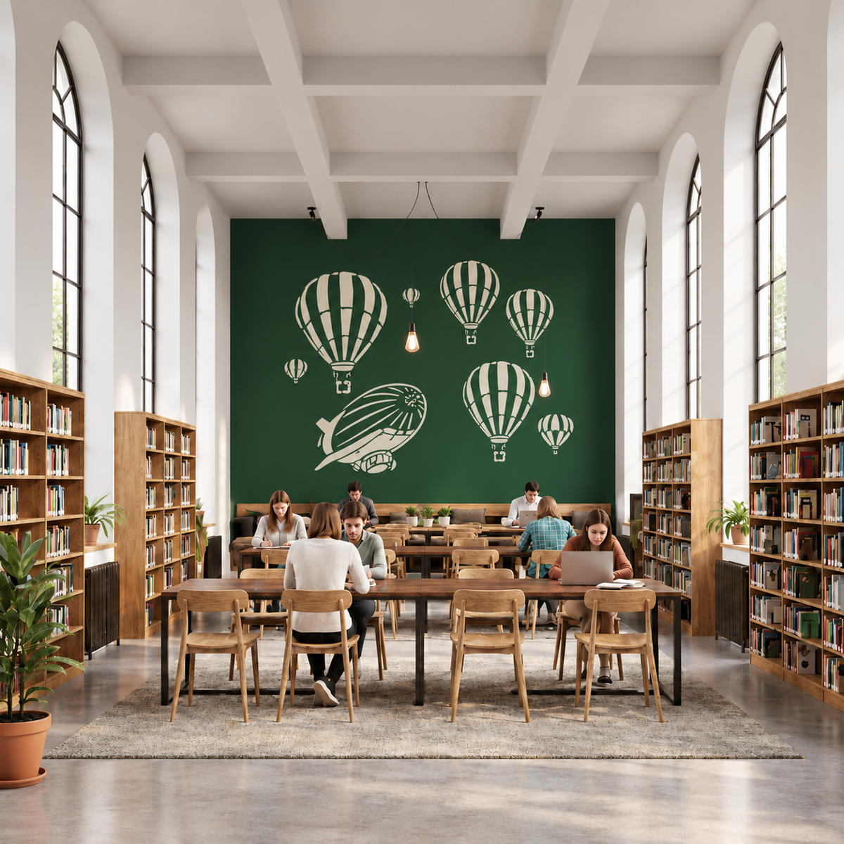 Cream Aerostat Balloon Stencil featuring hot air balloons and an airship on a dark green accent wall in a spacious library reading area.