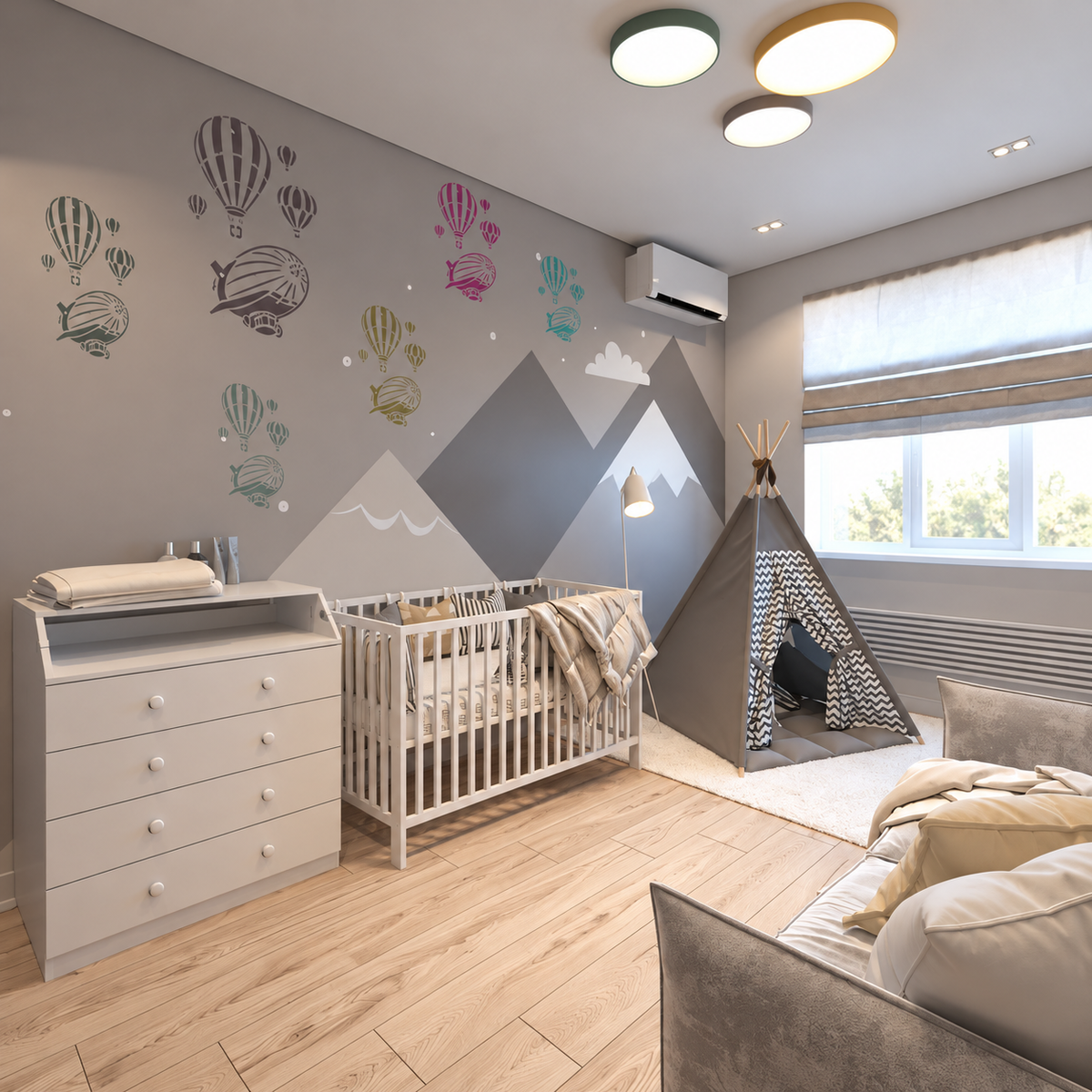 Colorful Aerostat Balloon Stencil patterns in pink, teal, green and gray above a mountain mural in a modern nursery with a white crib and play tent.