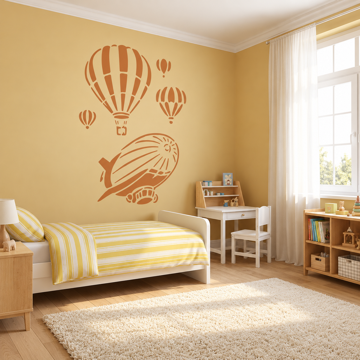 Terracotta Aerostat Balloon Stencil with hot air balloons and an airship on a warm yellow wall above a child's bed.