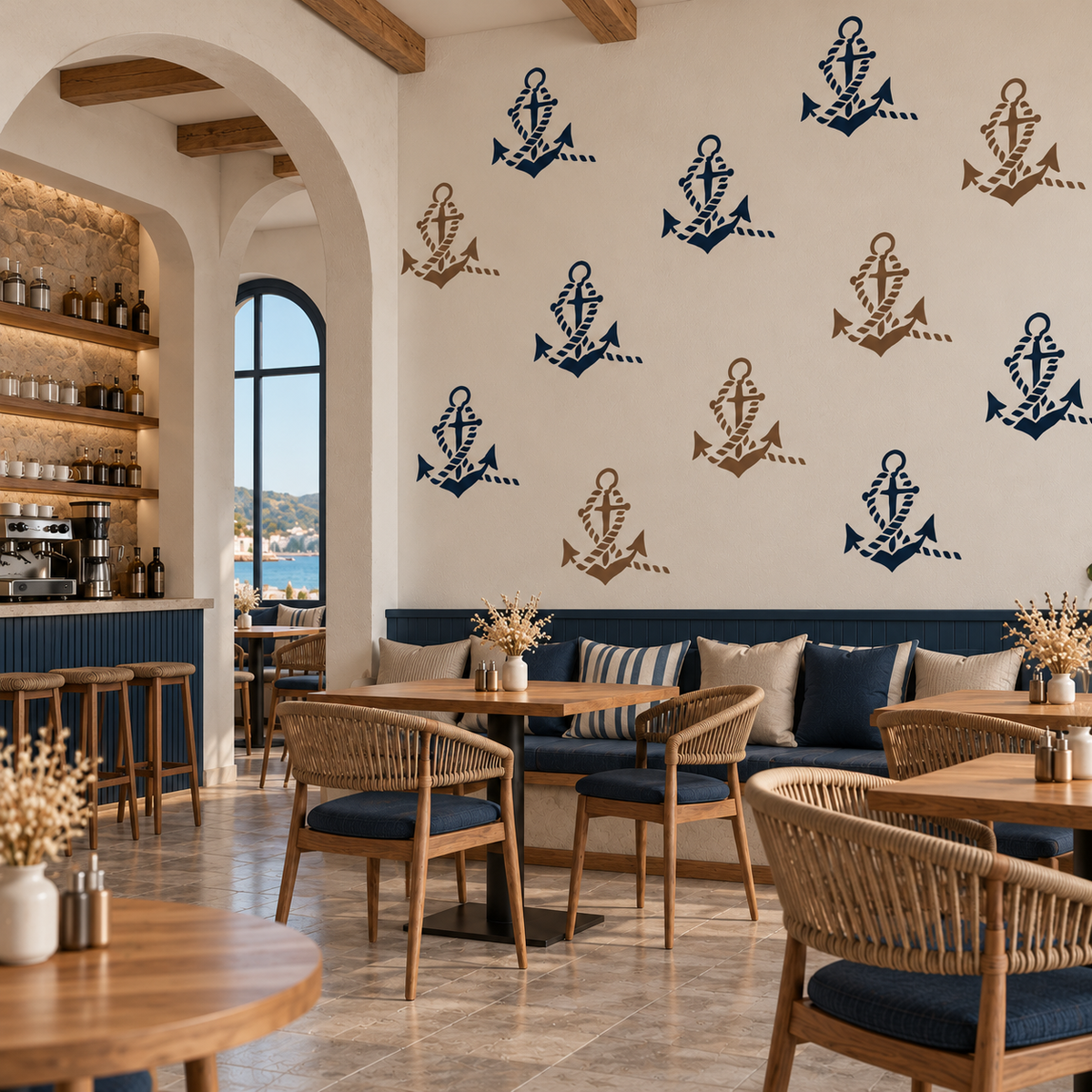 Repeating Anchor and Rope Stencil pattern in navy blue and taupe on a white wall in a Mediterranean-style coastal restaurant.