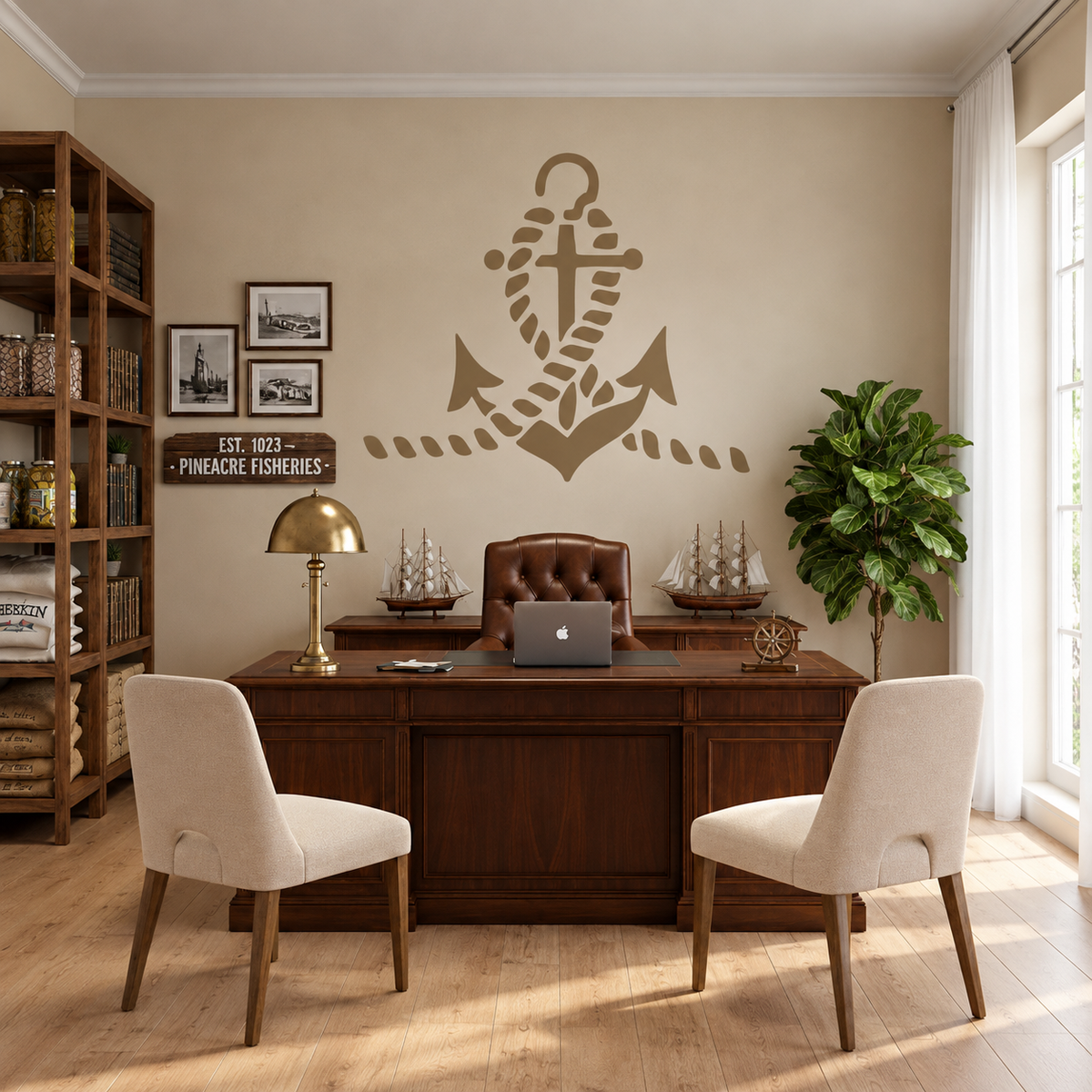 Large Anchor Stencil in warm brown on a cream wall behind a wooden desk in a nautical-themed office.