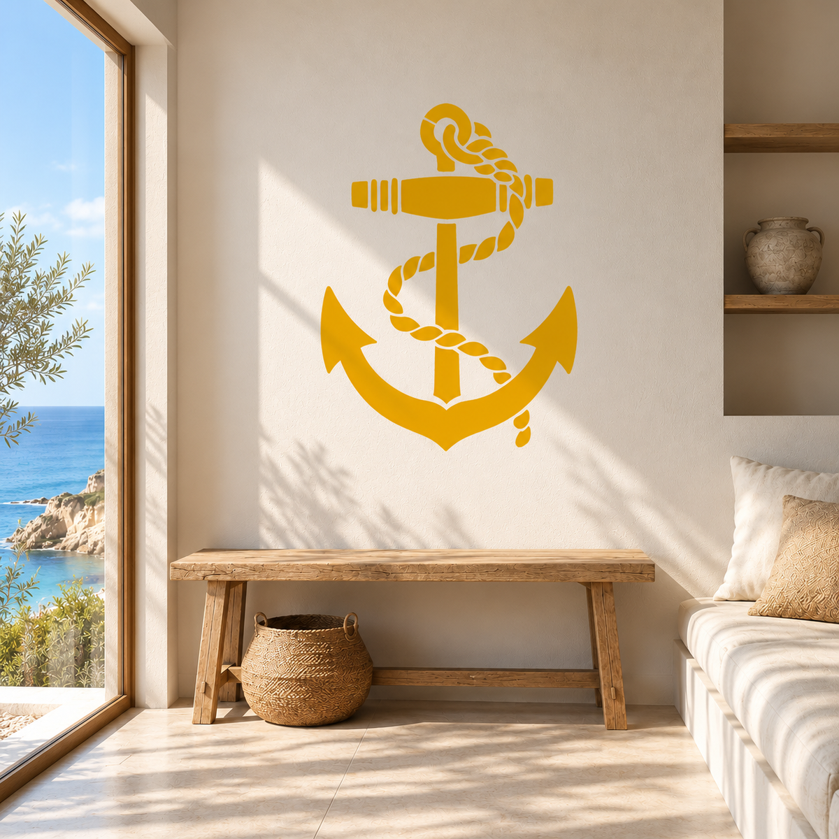 Anchor Stencil in golden yellow on a white wall above a wooden bench in a bright coastal living room overlooking the sea.