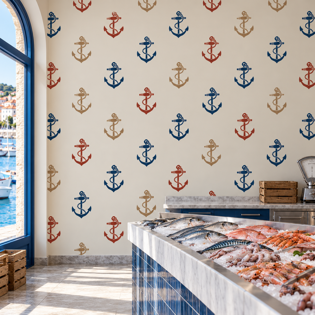 Repeating Anchor Stencil pattern in navy blue, terracotta red and sandy beige on a cream wall in a coastal seafood market.