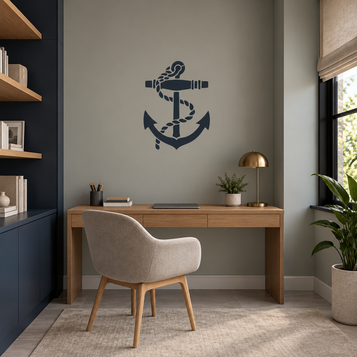 Anchor Stencil in navy blue on a muted gray wall above a wooden desk in a contemporary home office.