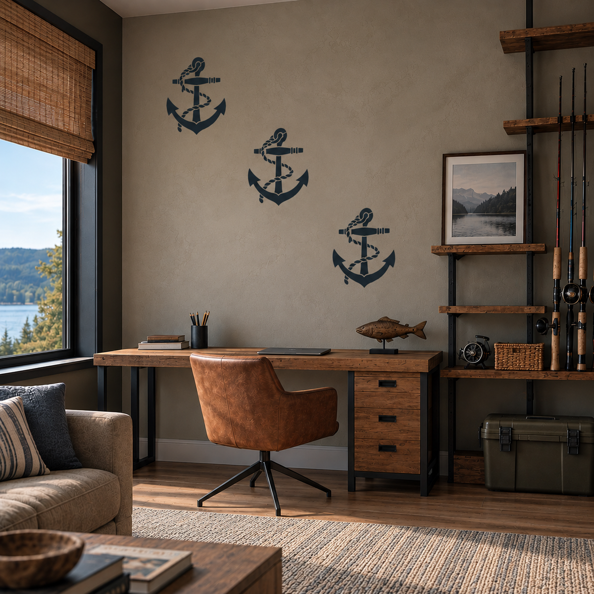 Three navy blue Anchor Stencil designs arranged diagonally on a beige wall in a rustic fishing-themed home office.