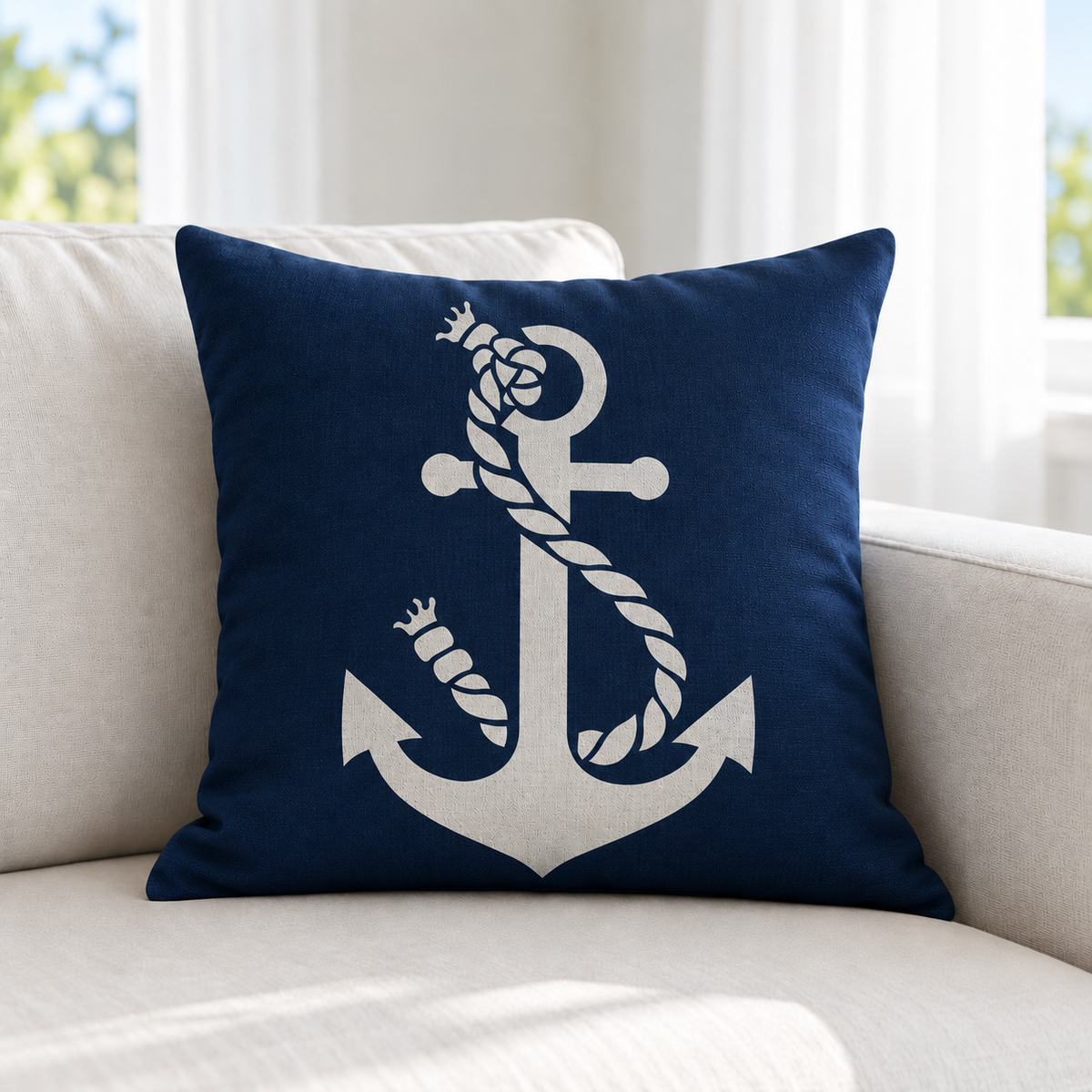 White Anchor with Twisted Rope Stencil applied to a navy blue throw pillow, creating DIY nautical home decor for a coastal living room.