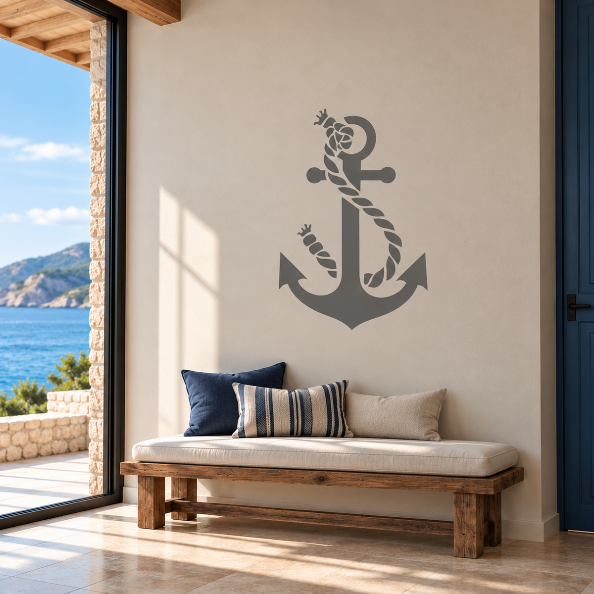Gray Anchor with Twisted Rope Stencil above a wooden bench in a coastal entryway, adding maritime-inspired wall art to a seaside home.