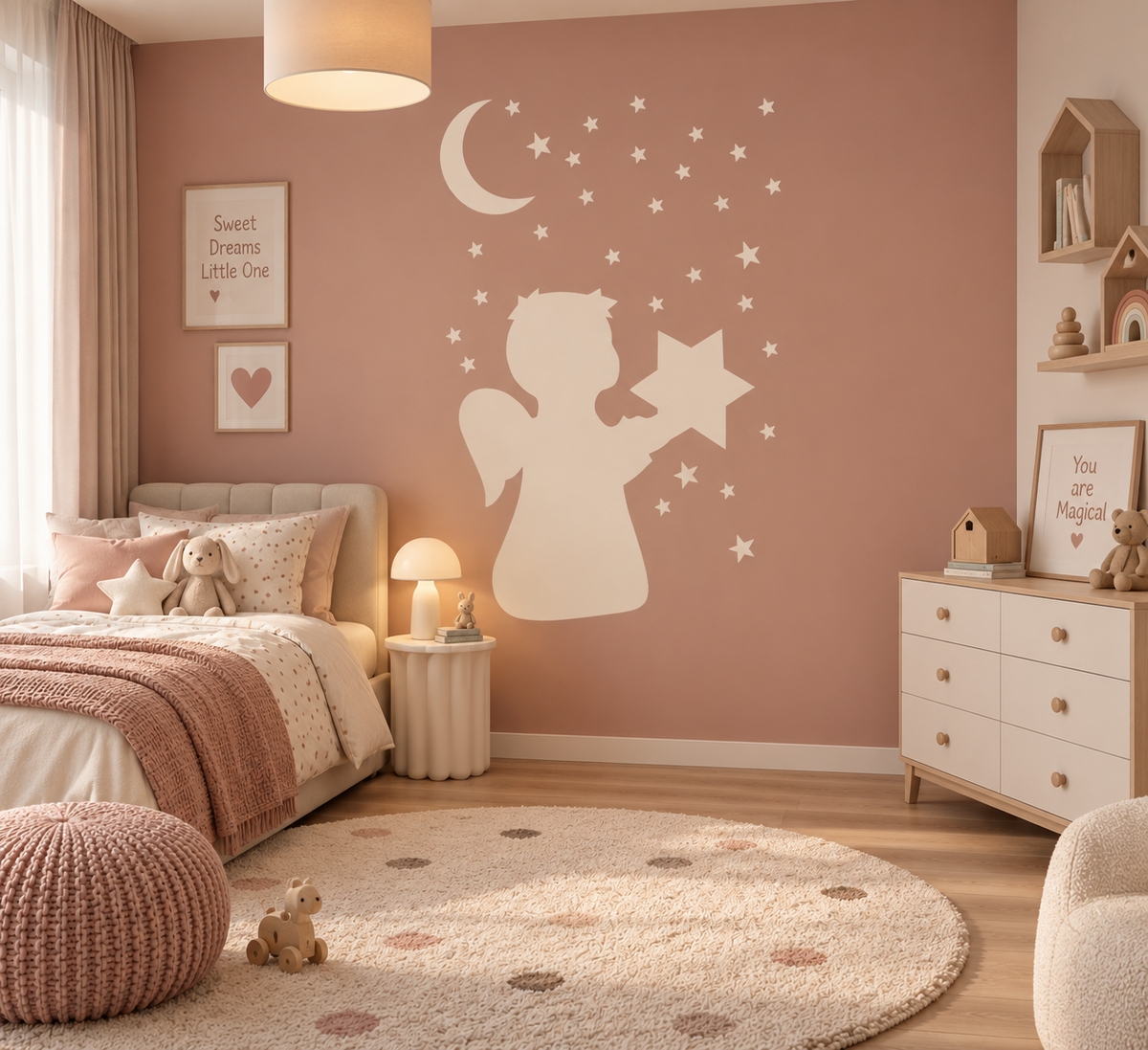 Angel holding a star with crescent moon and stars wall stencil painted in soft cream on a dusty rose girls bedroom feature wall.