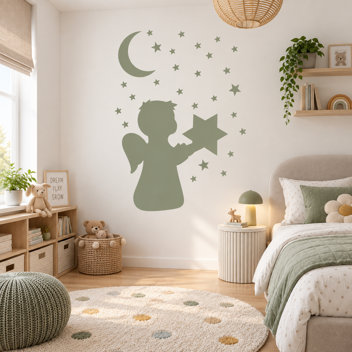 Sage green angel holding a star with crescent moon and scattered stars wall stencil on a neutral kids bedroom wall.