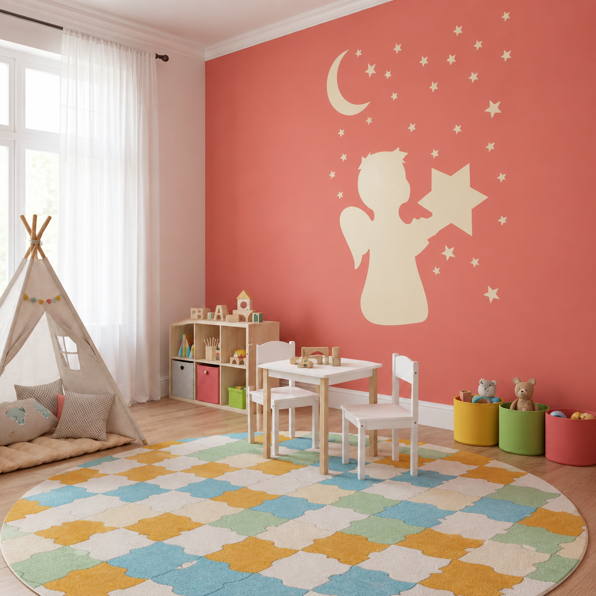 Cream Angel Stencil holding a large star beneath a crescent moon and scattered stars on a coral pink wall in a colorful children's playroom.