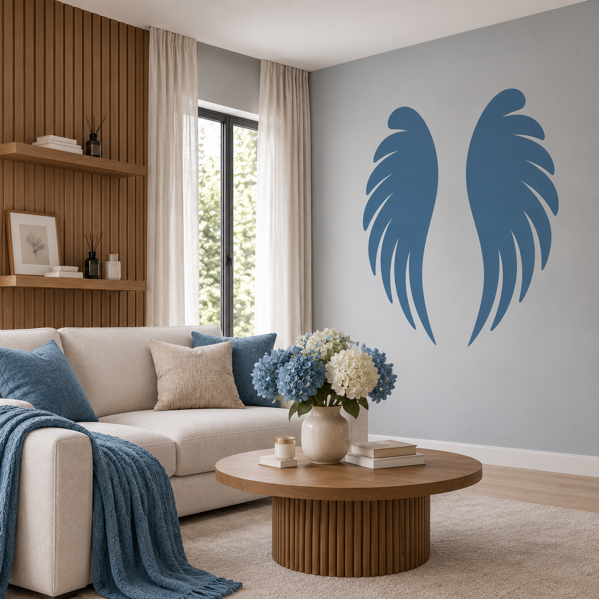 Angel Wings Stencil in dusty blue on a light gray wall beside a cream sofa in a bright contemporary living room.