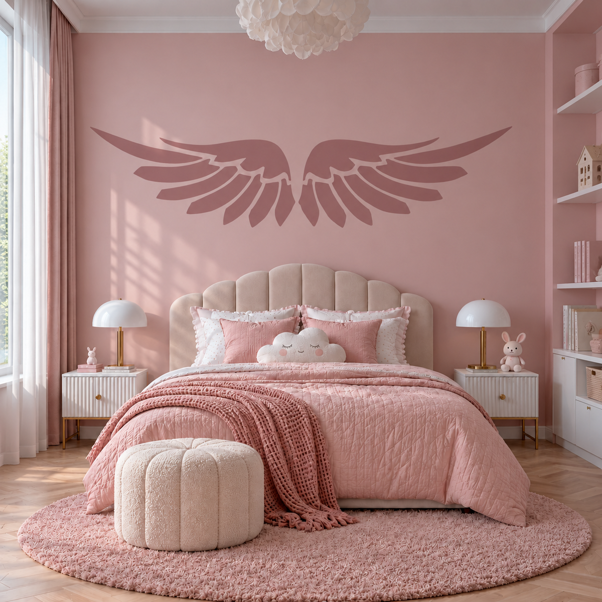 Angel Wings Stencil in dusty pink on a blush pink wall above the bed in a cozy girls bedroom.