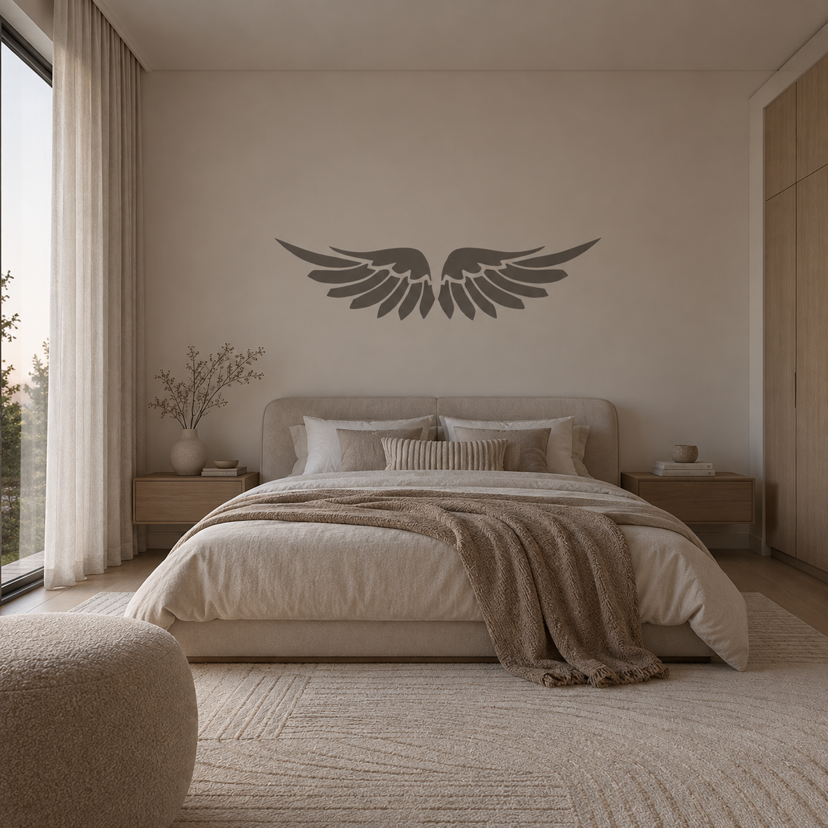 Angel Wings Stencil in soft gray on a beige wall above the bed in a minimalist neutral bedroom.