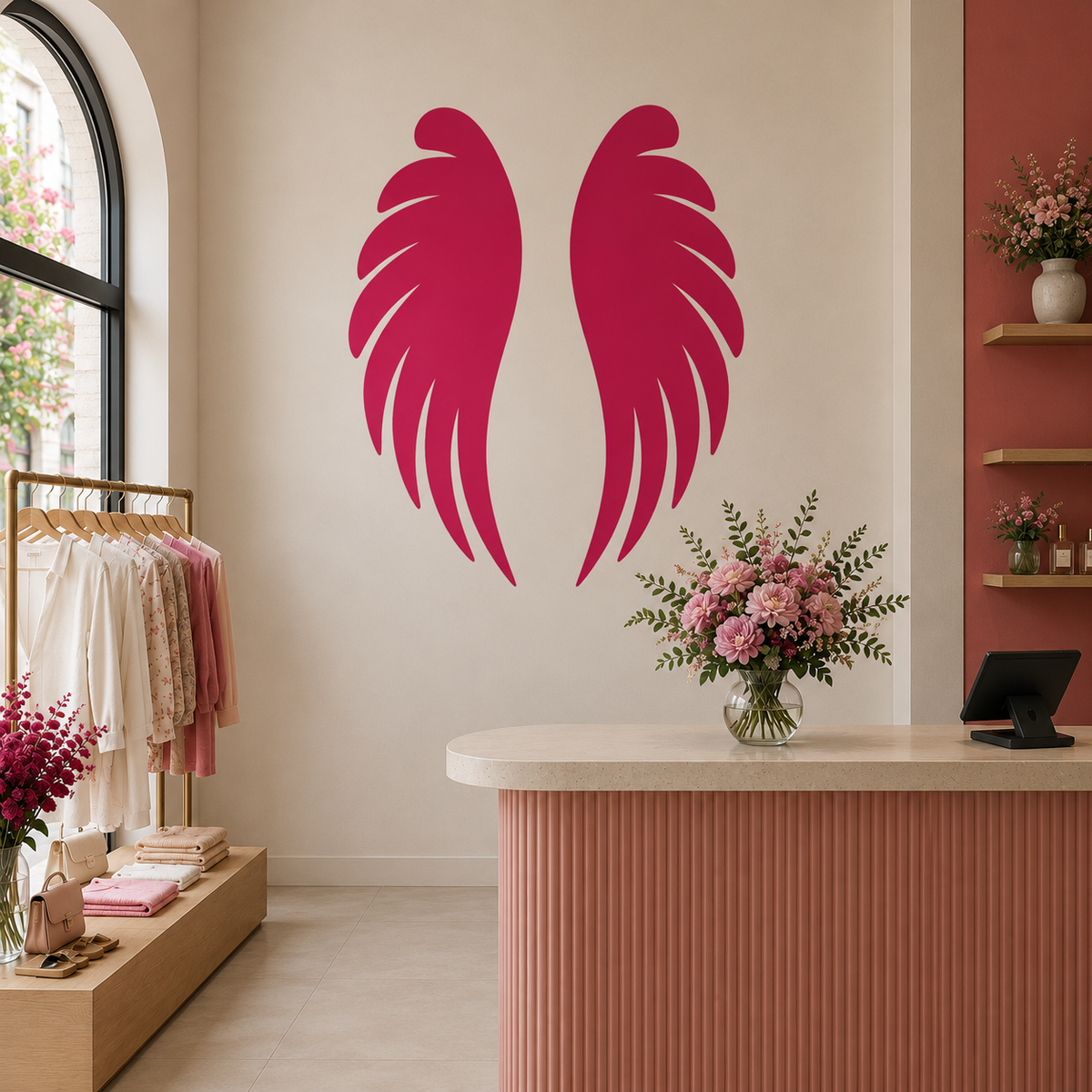 Angel Wings Stencil in vibrant pink on a cream wall behind the counter of a stylish women's fashion boutique.