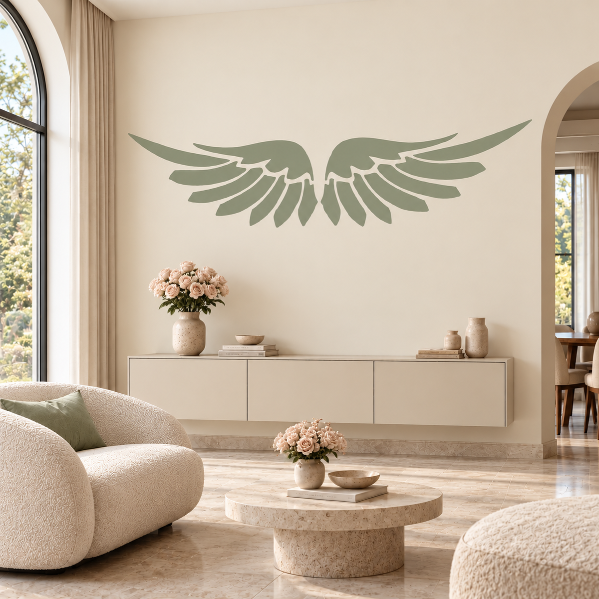 Angel Wings Stencil in sage green on a cream wall above a floating console in an elegant modern living room.