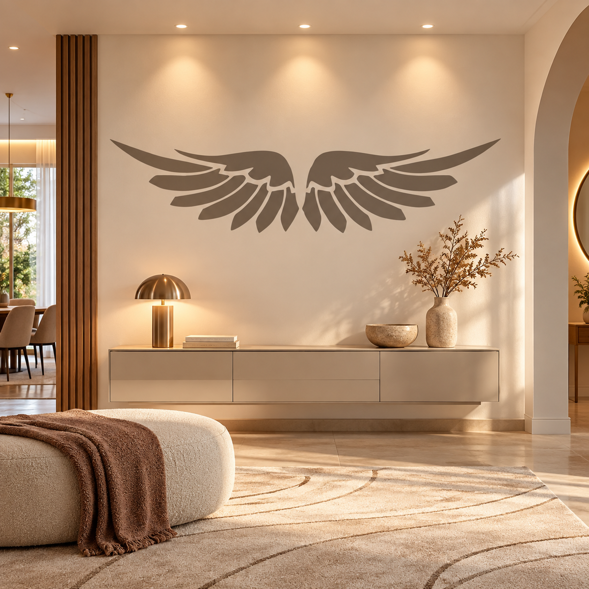 Large Angel Wings Stencil in taupe on a cream wall above a floating console in a modern living room.