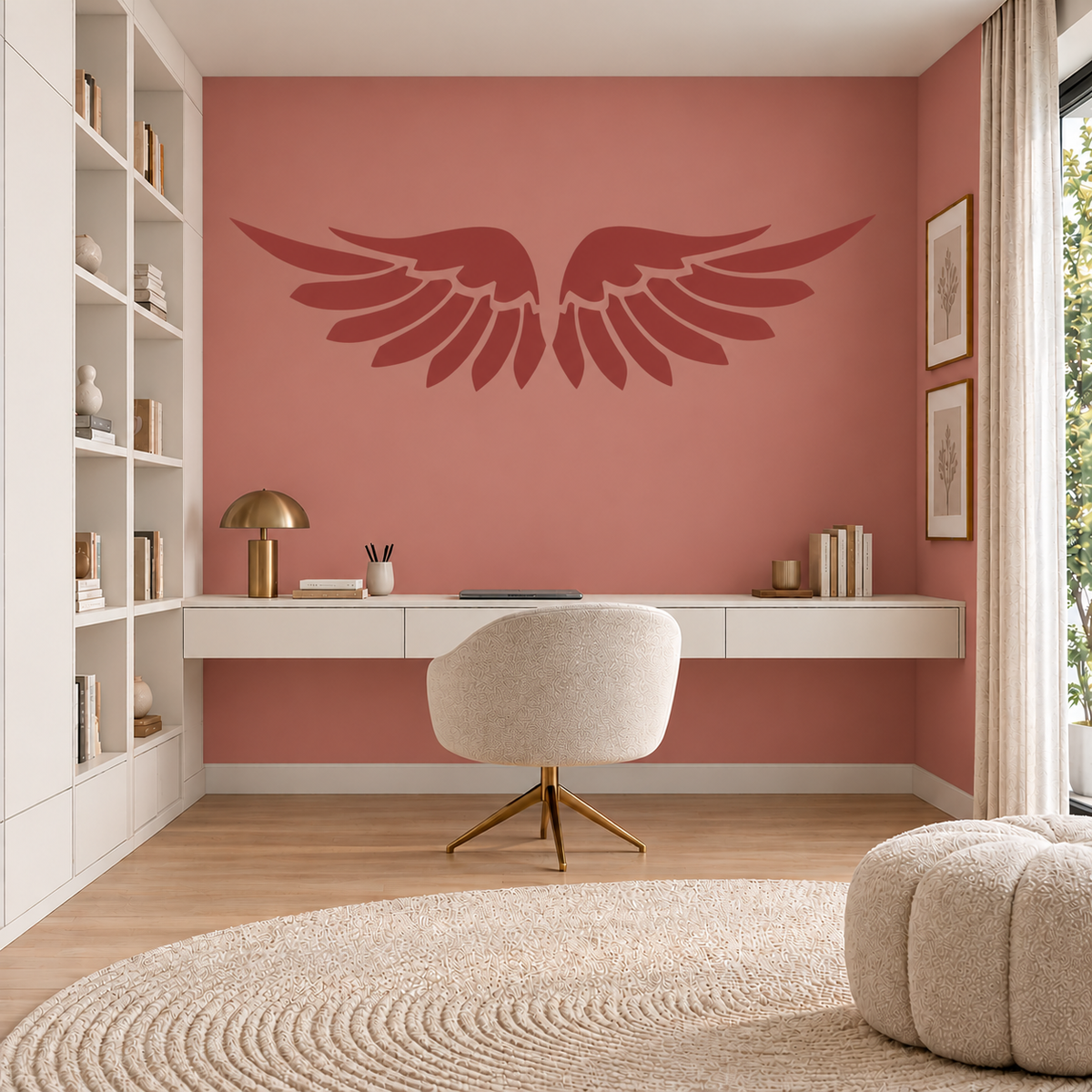 Angel Wings Stencil in dark terracotta pink on a dusty rose wall above a white desk in an elegant modern home office.