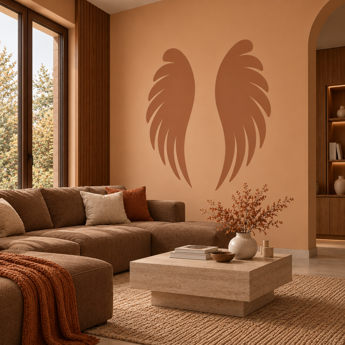 Angel Wings Stencil in terracotta brown on a peach wall above a sectional sofa in a warm, earthy living room.