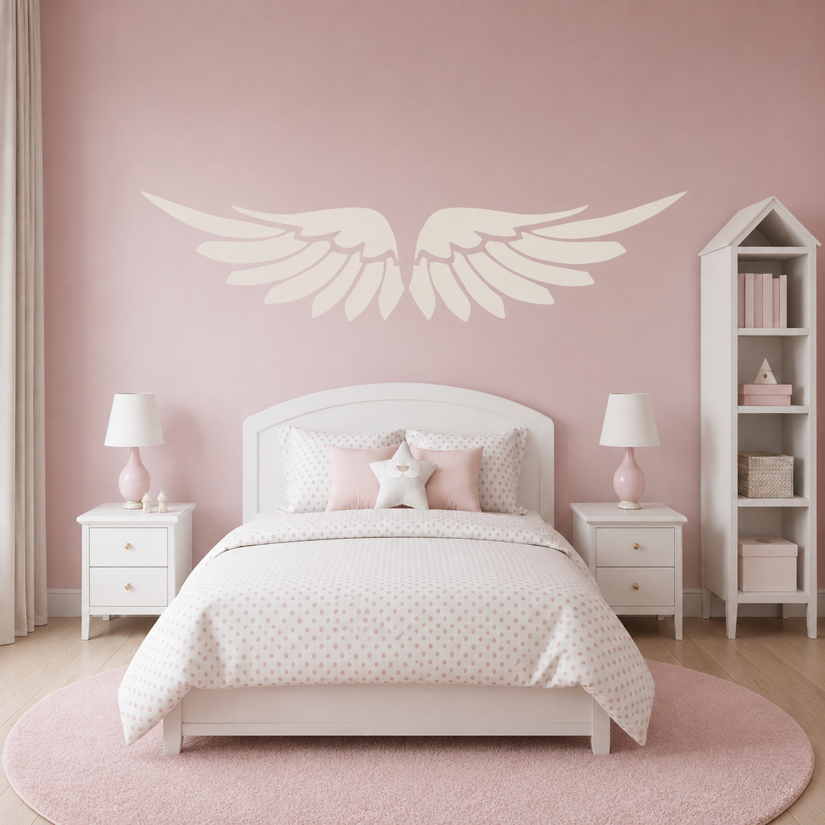 Decorative angel wings wall stencil above bed in a soft pink nursery bedroom