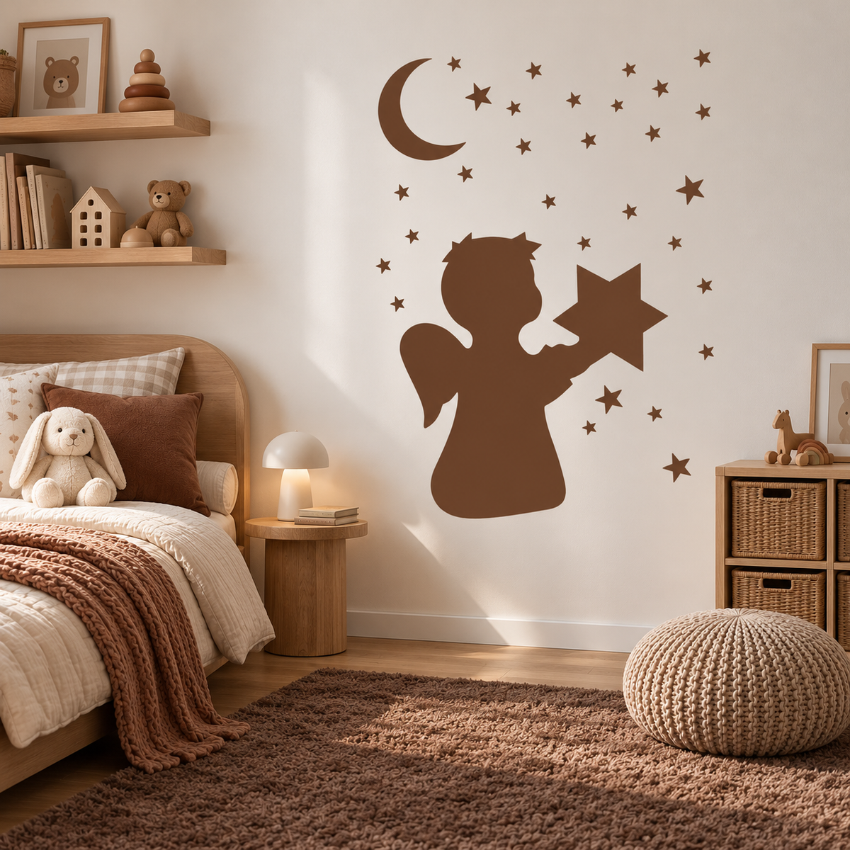 Angel with Star Stencil in warm brown, featuring a little angel holding a star beneath a crescent moon and scattered stars on a cream wall in a cozy kids bedroom.