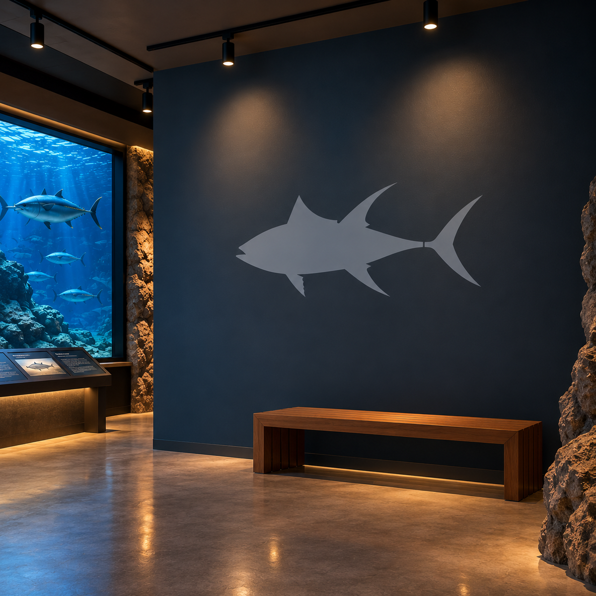 Large Angelfish Stencil in light gray on a dark blue wall beside a modern aquarium