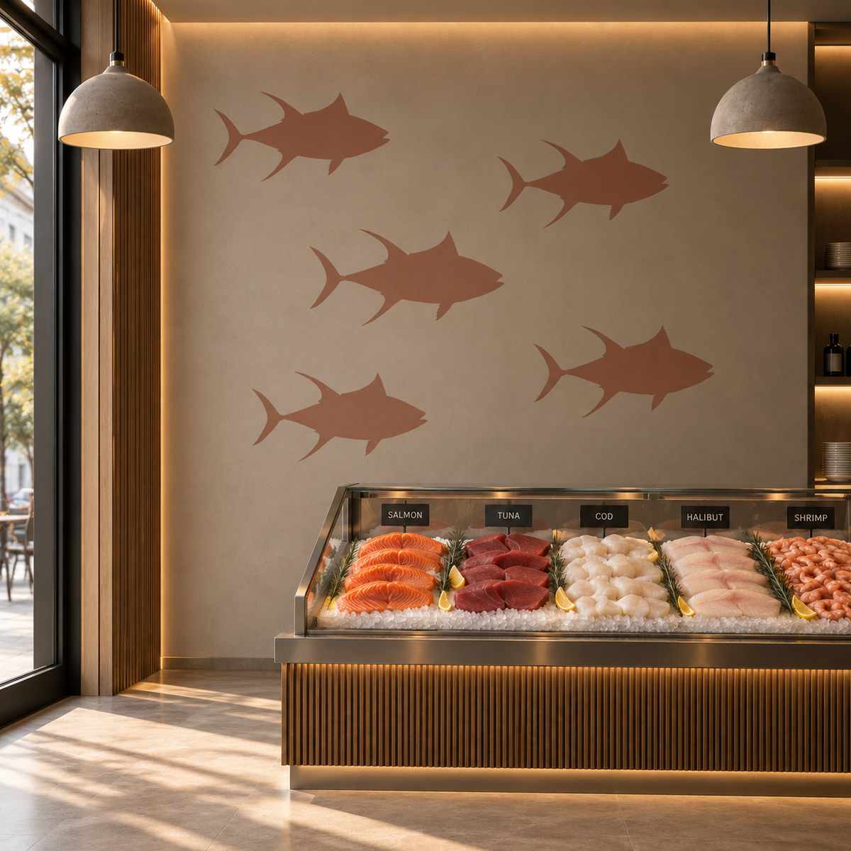 Angelfish Stencil in terracotta on a neutral wall in a modern fish shop