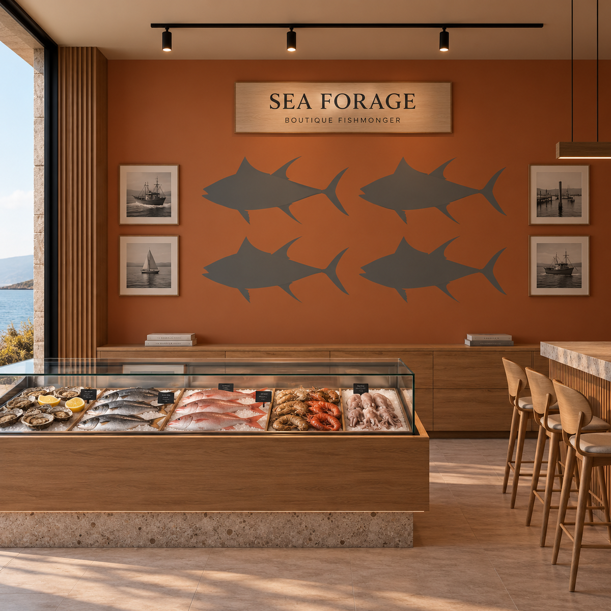 Angelfish Stencil in dark gray on a terracotta wall in a modern fishmonger shop