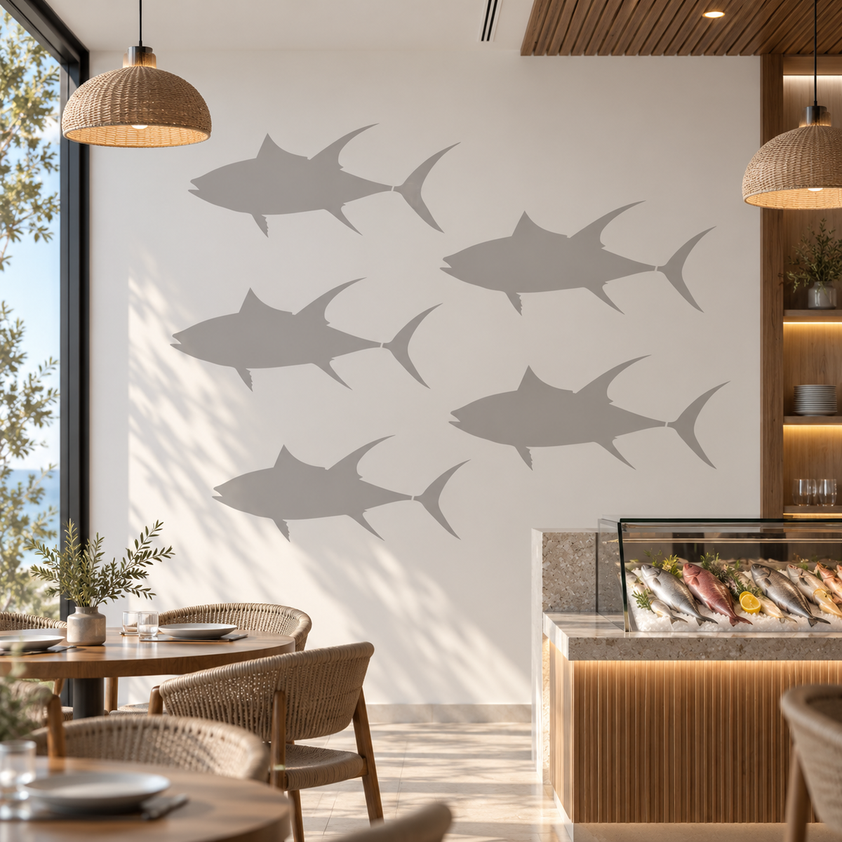 Angelfish Stencil pattern in soft gray on a white wall in a modern seafood restaurant