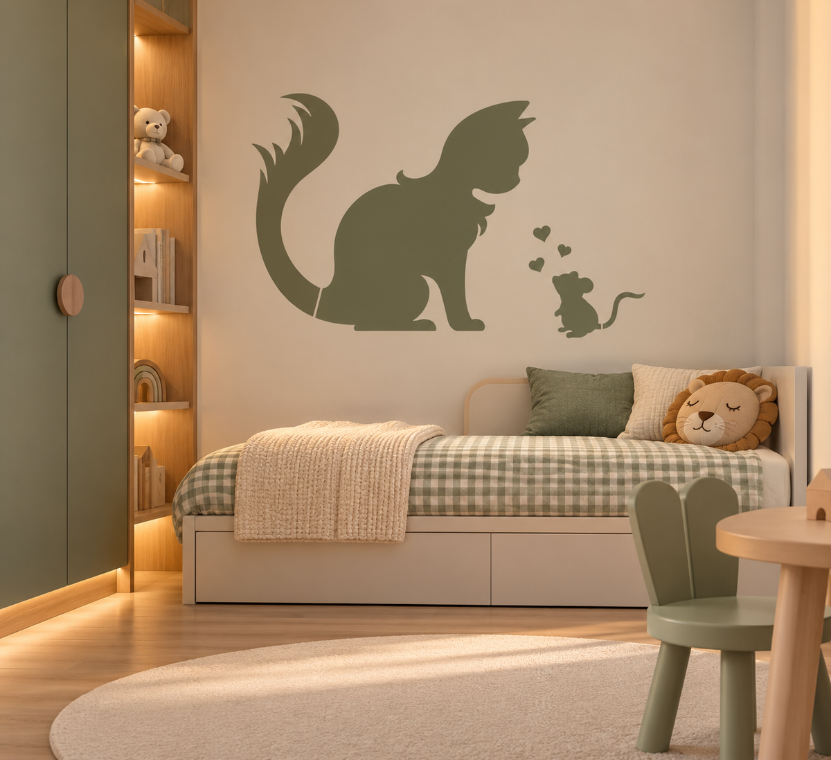 Green Animal Friends Stencil with cat and mouse in a warm modern kids bedroom