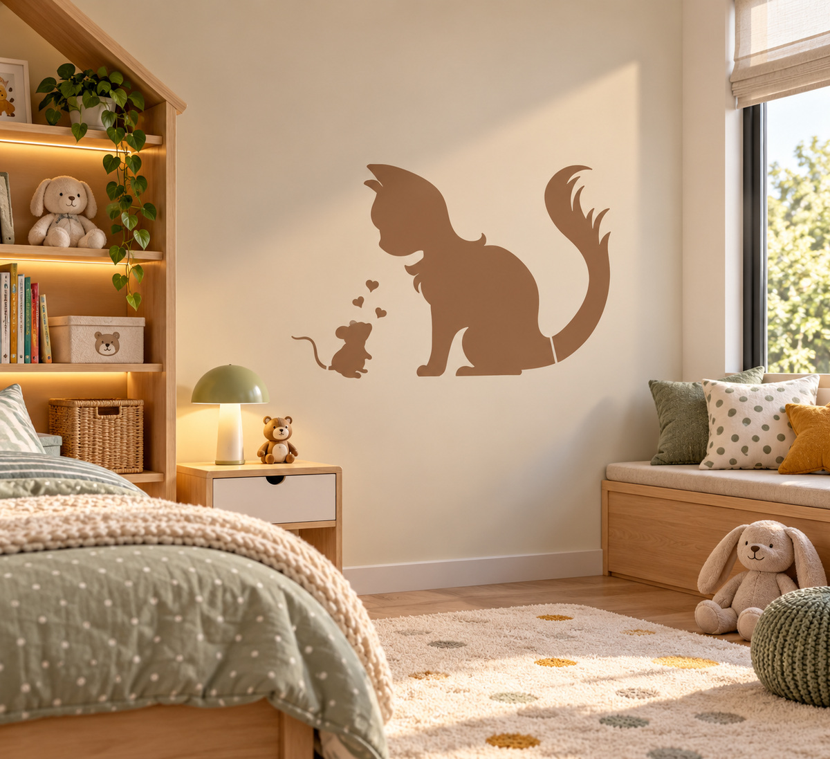Animal Friends Stencil with cat and mouse in a neutral cozy kids room