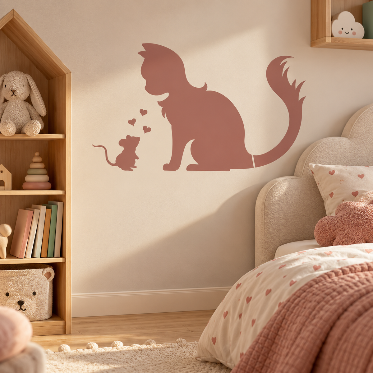 Animal Friends Stencil with cat and mouse on the wall of a cozy girls bedroom