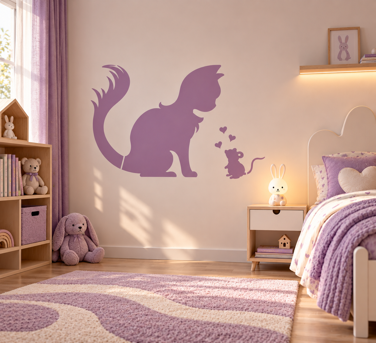 Purple Animal Friends Stencil with cat and mouse on the wall of a cozy kids room