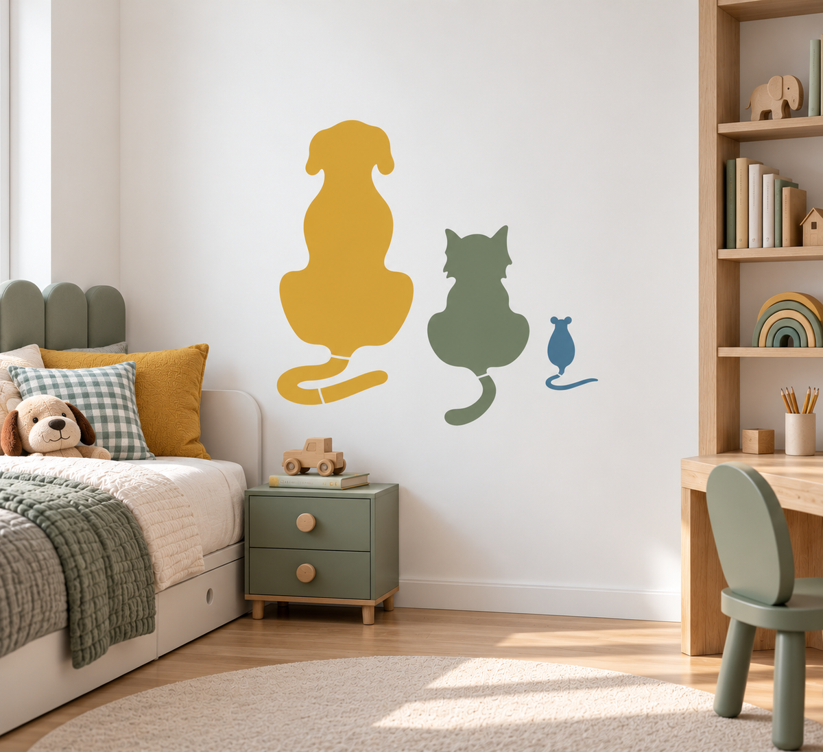 Animal Friends Stencil Set with dog, cat and mouse painted in different colors on a kids bedroom wall