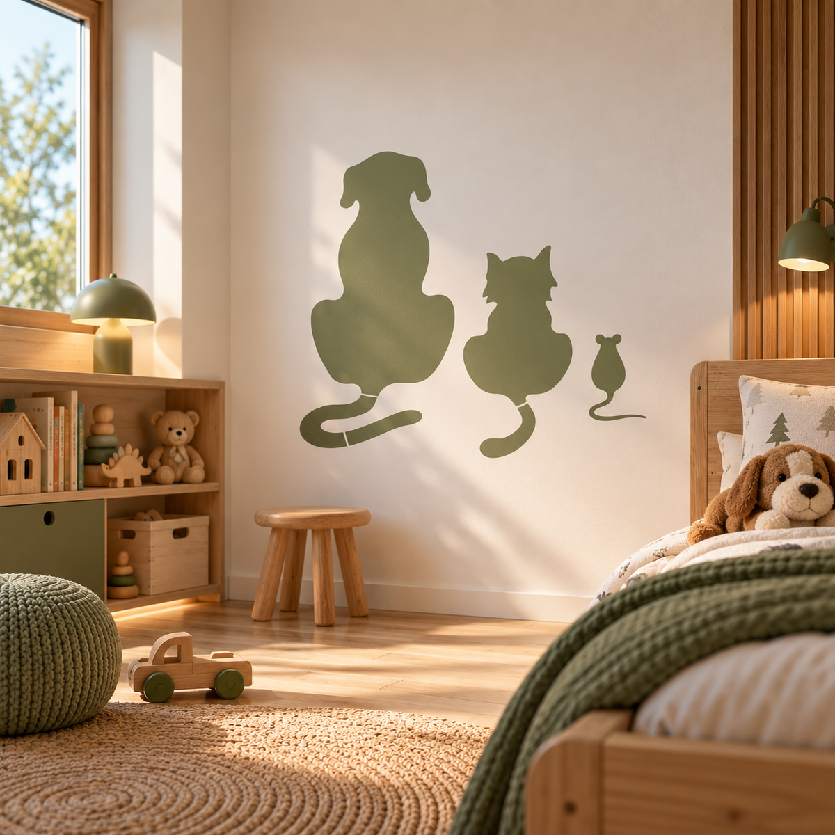 Animal Friends Stencil Set with dog, cat and mouse painted in green on a modern kids bedroom wall