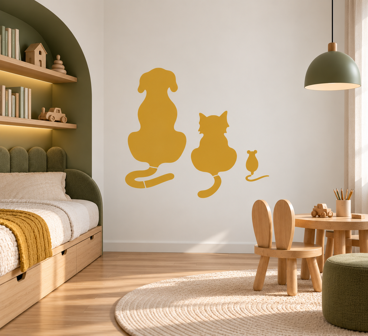 Animal Friends Stencil Set with dog, cat and mouse painted in yellow on a modern kids bedroom wall