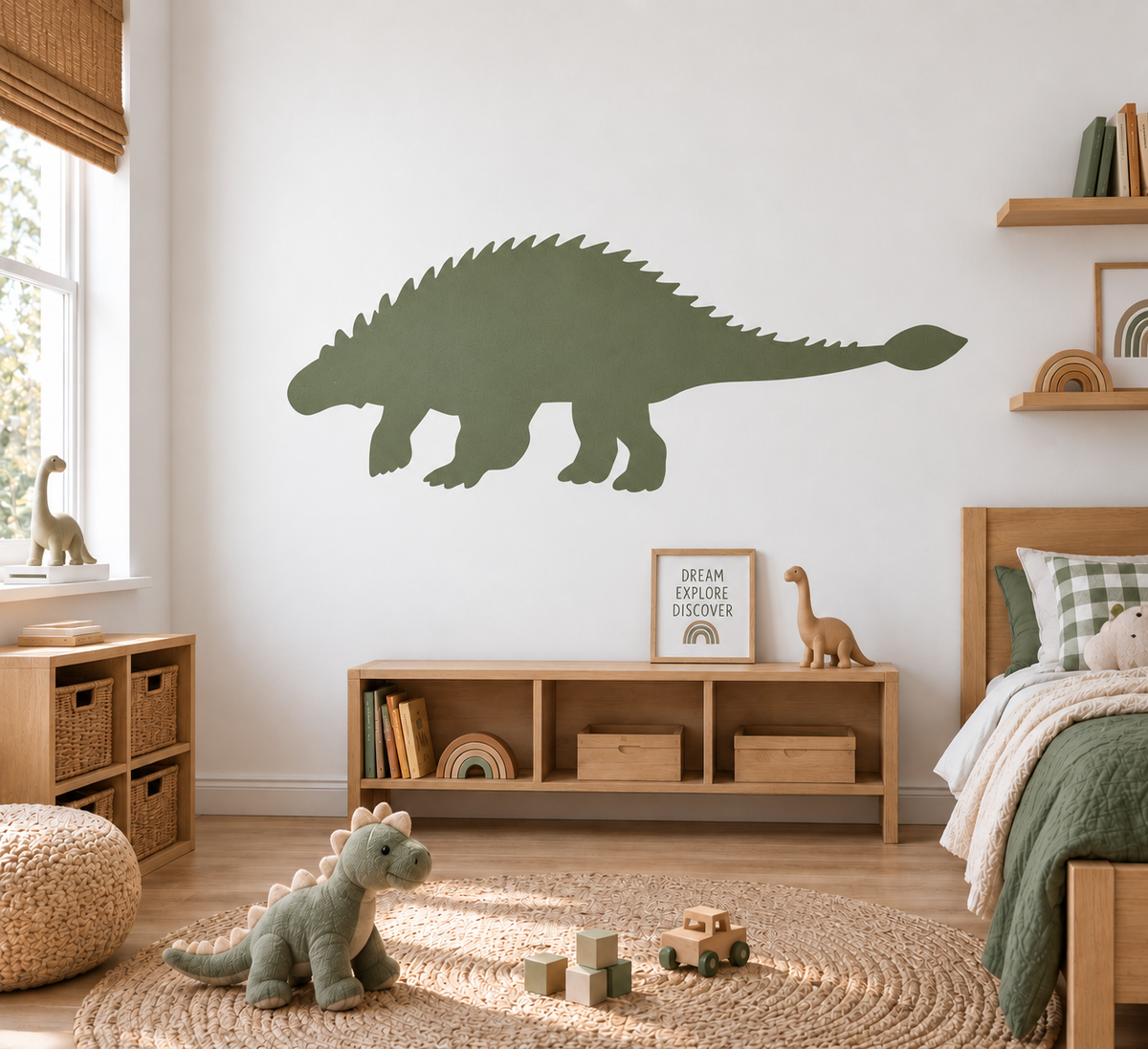 Green Ankylosaurus dinosaur stencil painted on a kids bedroom wall