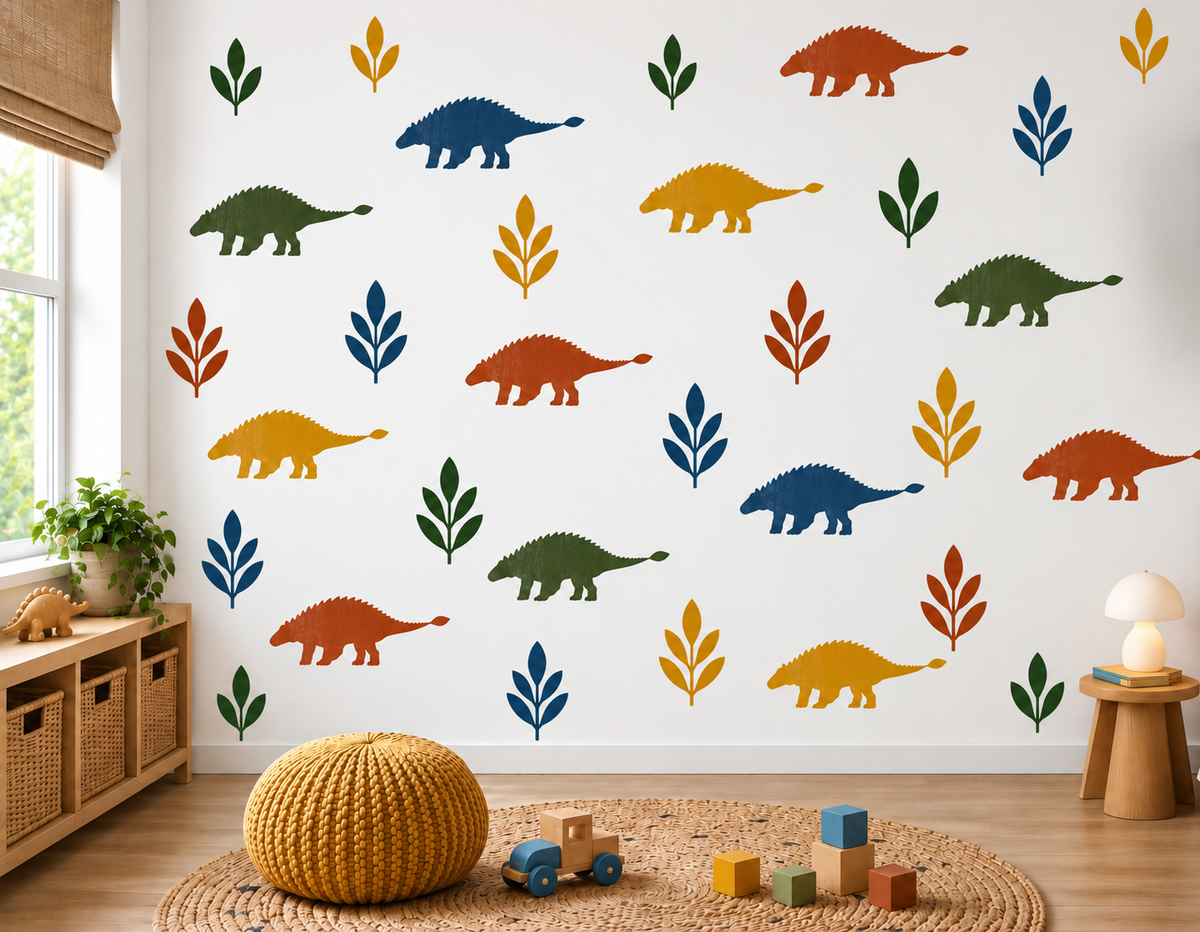 Colorful Ankylosaurus dinosaur stencil pattern with leaf motifs on a kids room wall