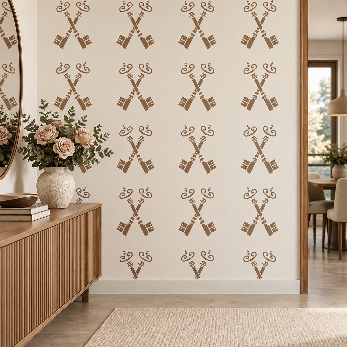 Antique Keys Stencil featuring warm brown crossed keys on a cream wall above a wooden cabinet with flowers in a modern hallway.