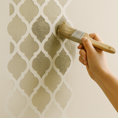 Hand applying paint with a brush through a geometric stencil to create a subtle ombre wall pattern.