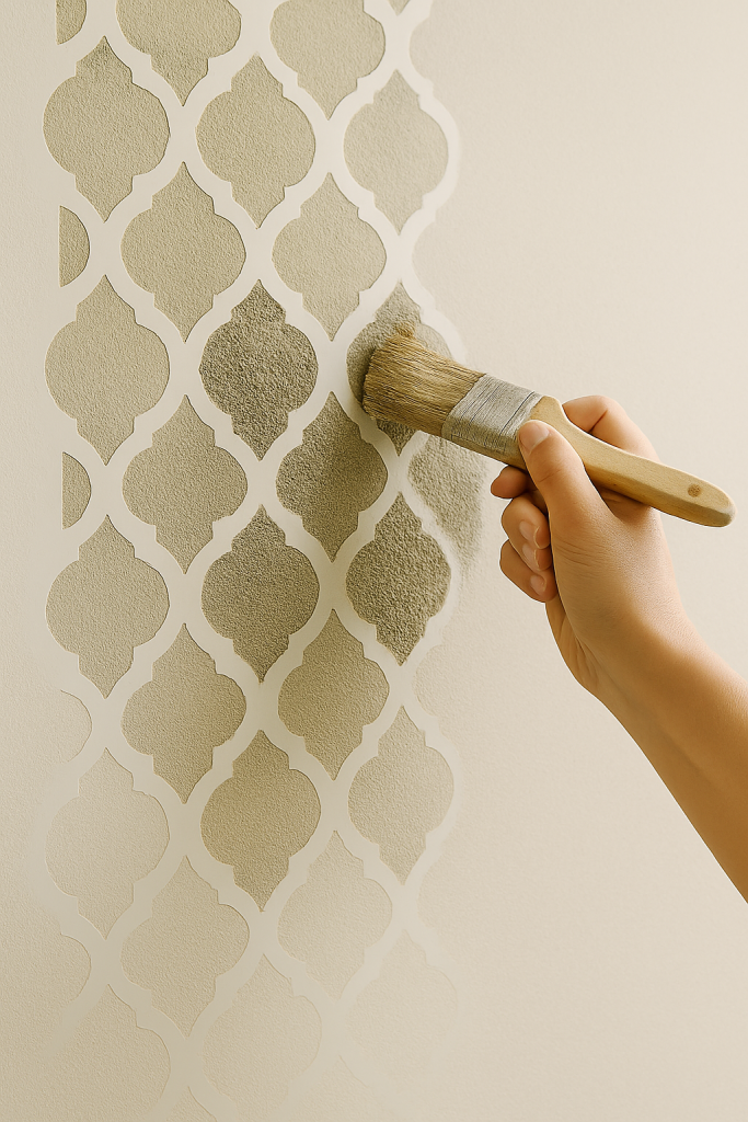 Hand applying paint with a brush through a geometric stencil to create a subtle ombre wall pattern.