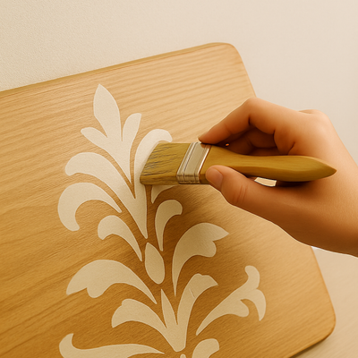 Hand applying a clear sealant with a brush over a decorative stencil design on a wooden surface to protect the finish.