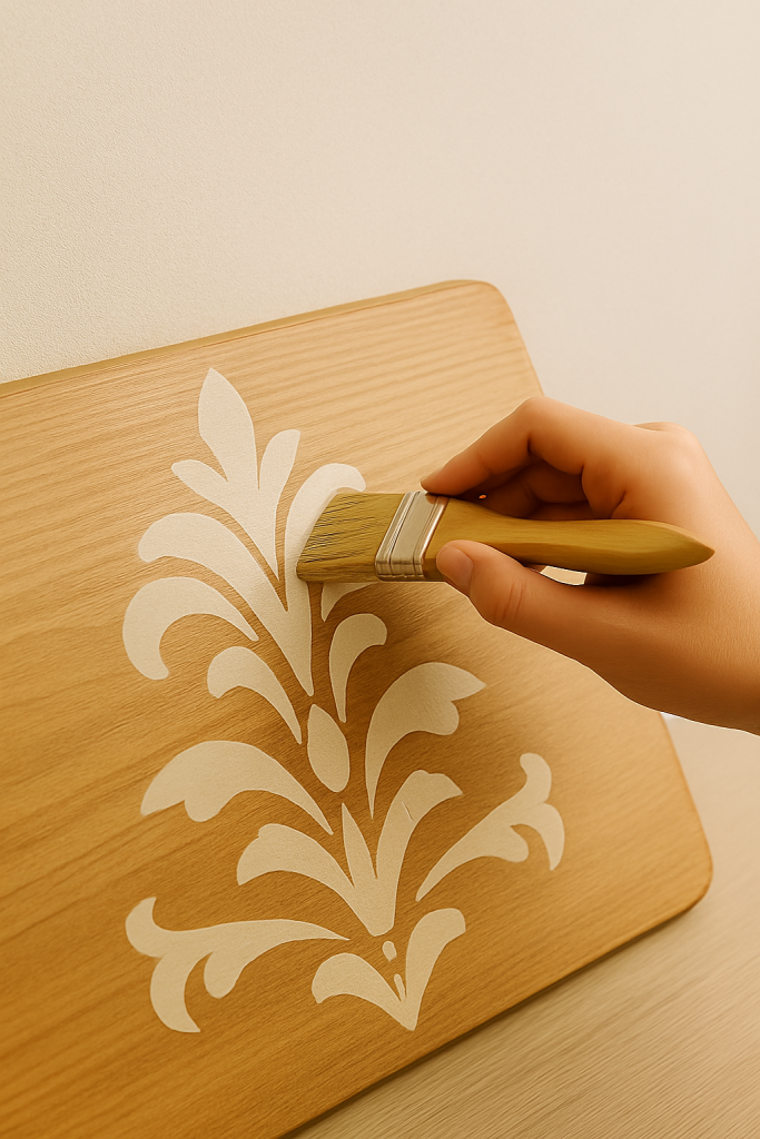 Hand applying a clear sealant with a brush over a decorative stencil design on a wooden surface to protect the finish.