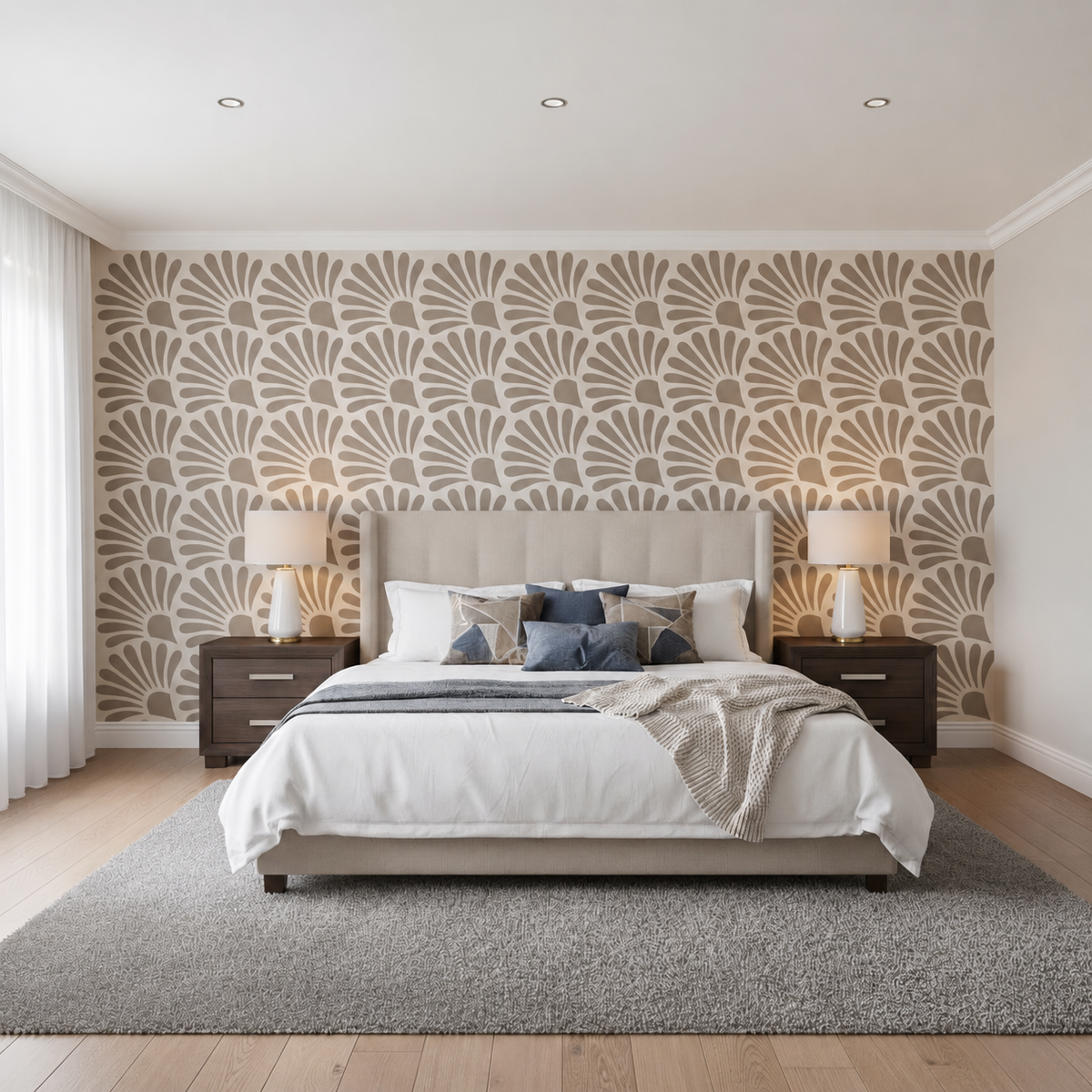 Art deco fan pattern wall stencil in neutral tones creating elegant bedroom feature wall