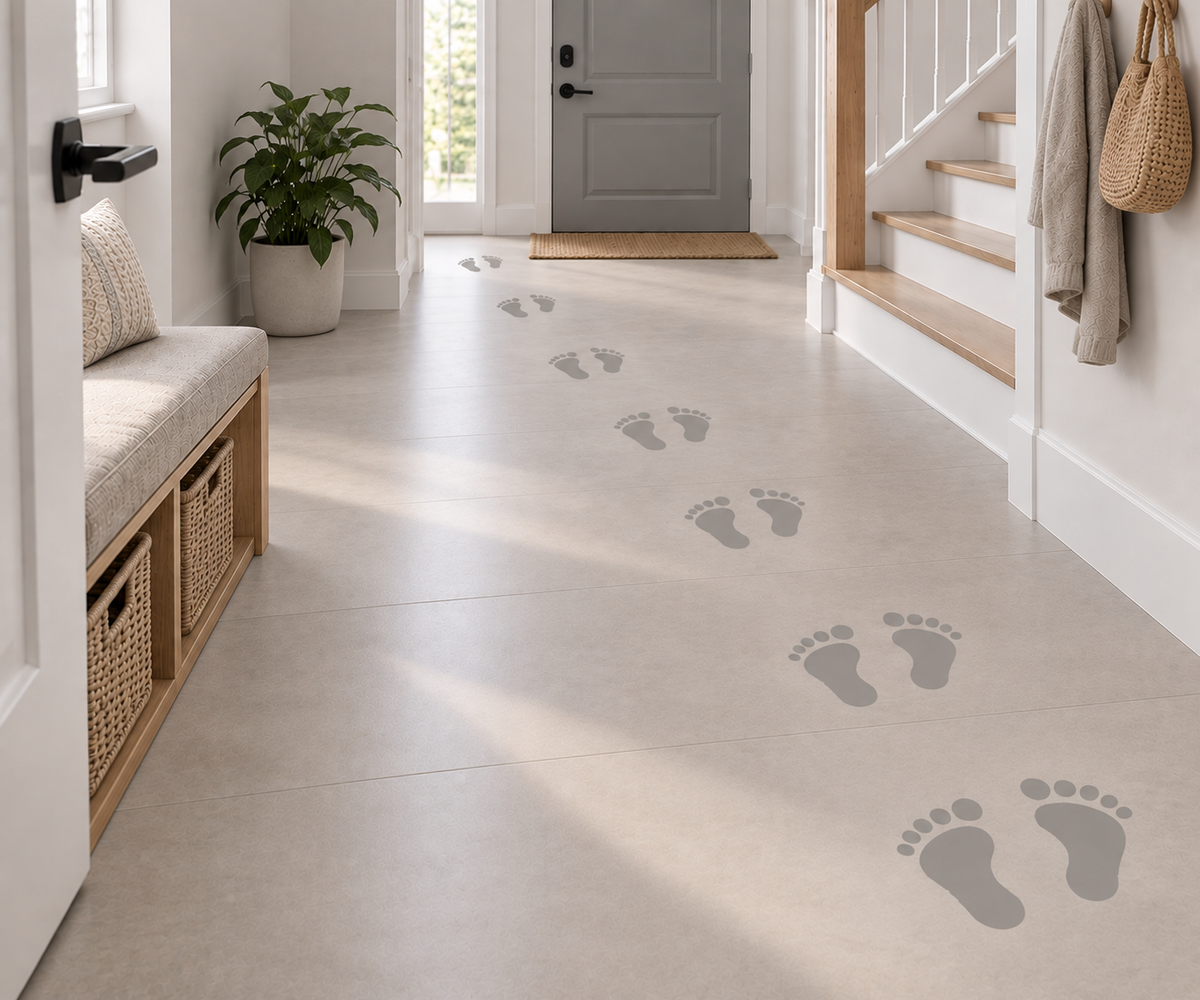 Gray baby footprint stencil creating a walking trail across a light neutral hallway floor.