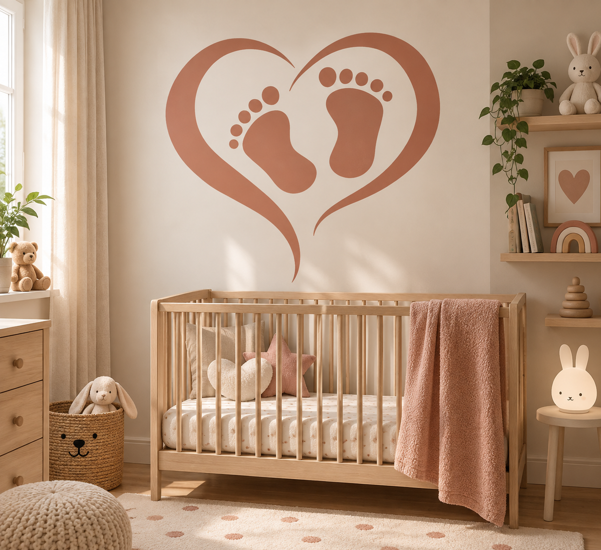 Baby footprints heart stencil painted on a wall in a cozy neutral nursery