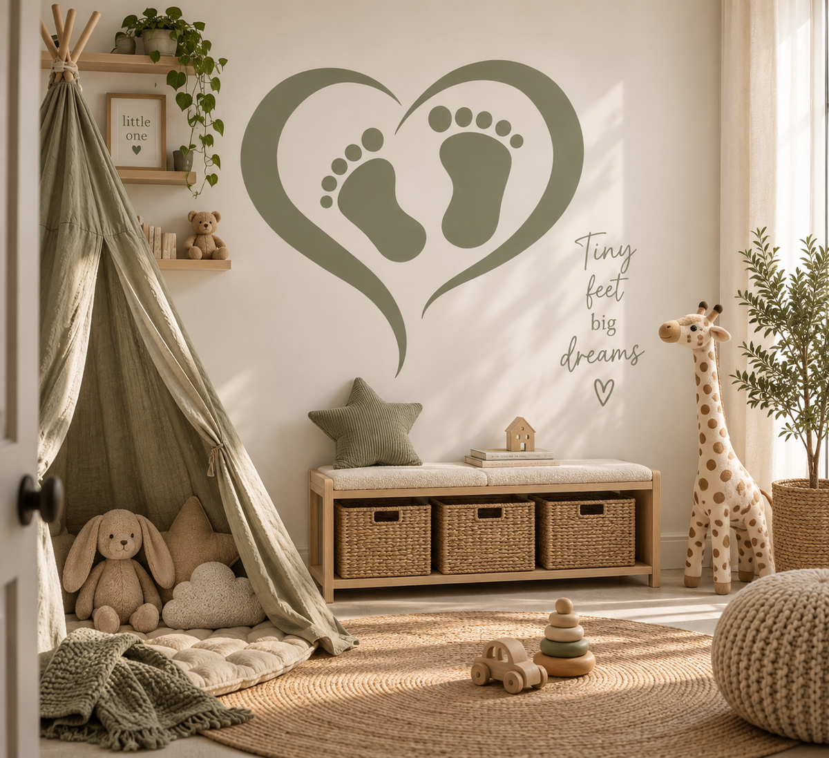 Baby footprints heart stencil in sage green on a wall in a cozy neutral nursery