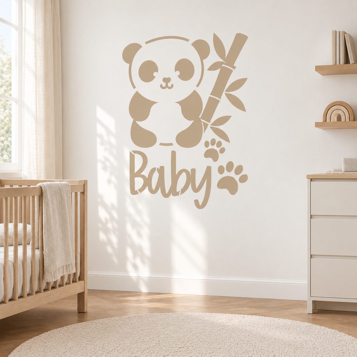 Beige baby panda wall stencil with bamboo and paw prints in a soft neutral nursery.